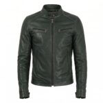 Front view of Vintage Vintage Green Cafe Racer Biker Leather Jacket featuring a snap-button band collar, full-length front zipper, and four zippered pockets with Maker of Jacket brand label.