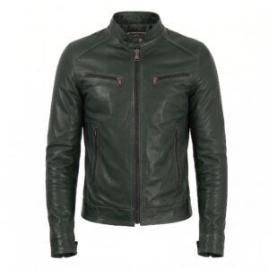Front view of Vintage Vintage Green Cafe Racer Biker Leather Jacket featuring a snap-button band collar, full-length front zipper, and four zippered pockets with Maker of Jacket brand label.
