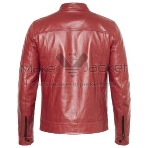 Back view of Vintage Red Cafe Racer Biker Leather Jacket featuring a horizontal shoulder yoke, central vertical seam, and zippered cuffs with snap buttons.