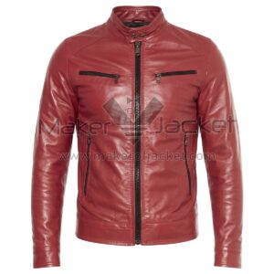Front view of Vintage Red Cafe Racer Biker Leather Jacket featuring a band collar with a snap button, four zippered front pockets, and zip closure