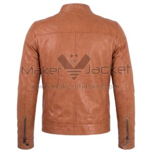 Back view of Vintage Tan Cafe Racer Biker Leather Jacket featuring a horizontal shoulder yoke, central vertical seam, and zippered cuffs with snap buttons.