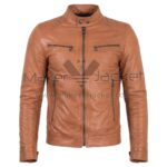 Front view of Vintage Tan Cafe Racer Biker Leather Jacket featuring a band collar with a snap button, four zippered front pockets, and zip closure.