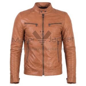Front view of Vintage Tan Cafe Racer Biker Leather Jacket featuring a band collar with a snap button, four zippered front pockets, and zip closure.