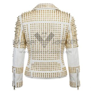 Back View of White Biker Leather Jacket featuring densely embellished with rows of gold round studs and sharp spikes along the shoulders and sleeves.