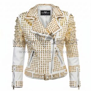 Front View of White Biker Leather Jacket featuring gold-tone metal studs and spikes, featuring notched lapels, an asymmetrical zipper, and a buckled waist belt.