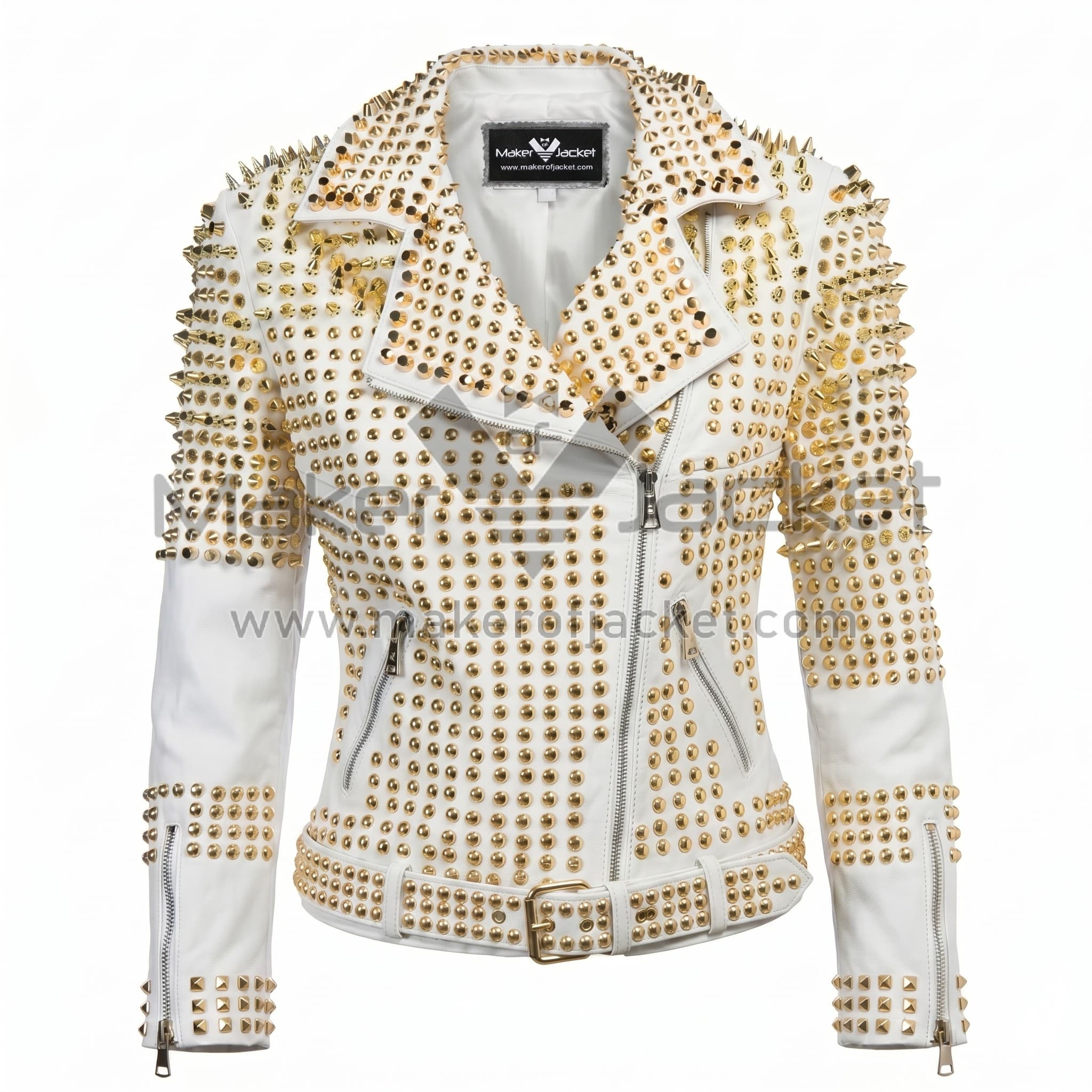 White Biker Leather Jacket with Golden Studs Front Front View of White Biker Leather Jacket featuring gold-tone metal studs and spikes, featuring notched lapels, an asymmetrical zipper, and a buckled waist belt.