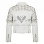 Back View of White Studded Biker Leather Jacket featuring rows of silver studs across the upper back and sleeves, and zippered cuffs.