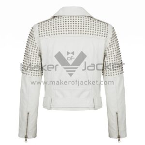 Back View of White Studded Biker Leather Jacket featuring rows of silver studs across the upper back and sleeves, and zippered cuffs.