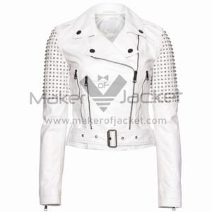 Front View of White Studded Biker Leather Jacket featuring an asymmetrical zipper, a buckled waist belt, and silver-tone metal studs covering the upper sleeves.