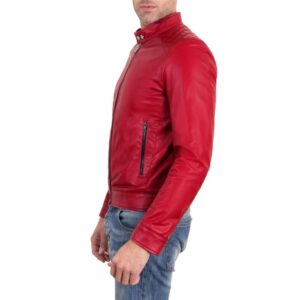 Side of Premium EMILIANY TRAP red leather jacket with quilted details