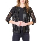 Black Colour Woman Lace Jacket With Leather Edges