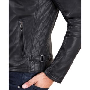 Men’s premium Nappa black biker leather jacket close-up of pockets