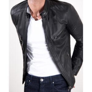 Stylish men’s black Nappa leather biker jacket outfit