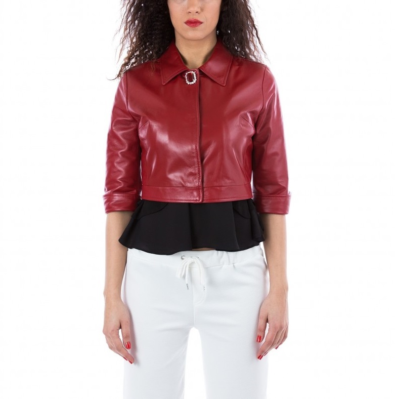giacchino-corto-in-pelle-donna-collo-camicia-rosso-vera-5-1 Red Color Nappa Lamb Short Leather Jacket Smooth Effect - Image 1