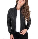 Black Color Lamb Leather Bomber Jacket Smooth Effect - Image 4
