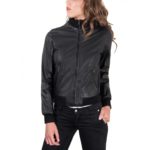 Black Color Lamb Leather Bomber Jacket Smooth Effect - Image 5