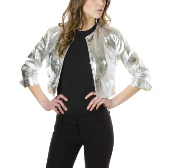 Powder Color Lamb Leather Round Neck Short Jacket