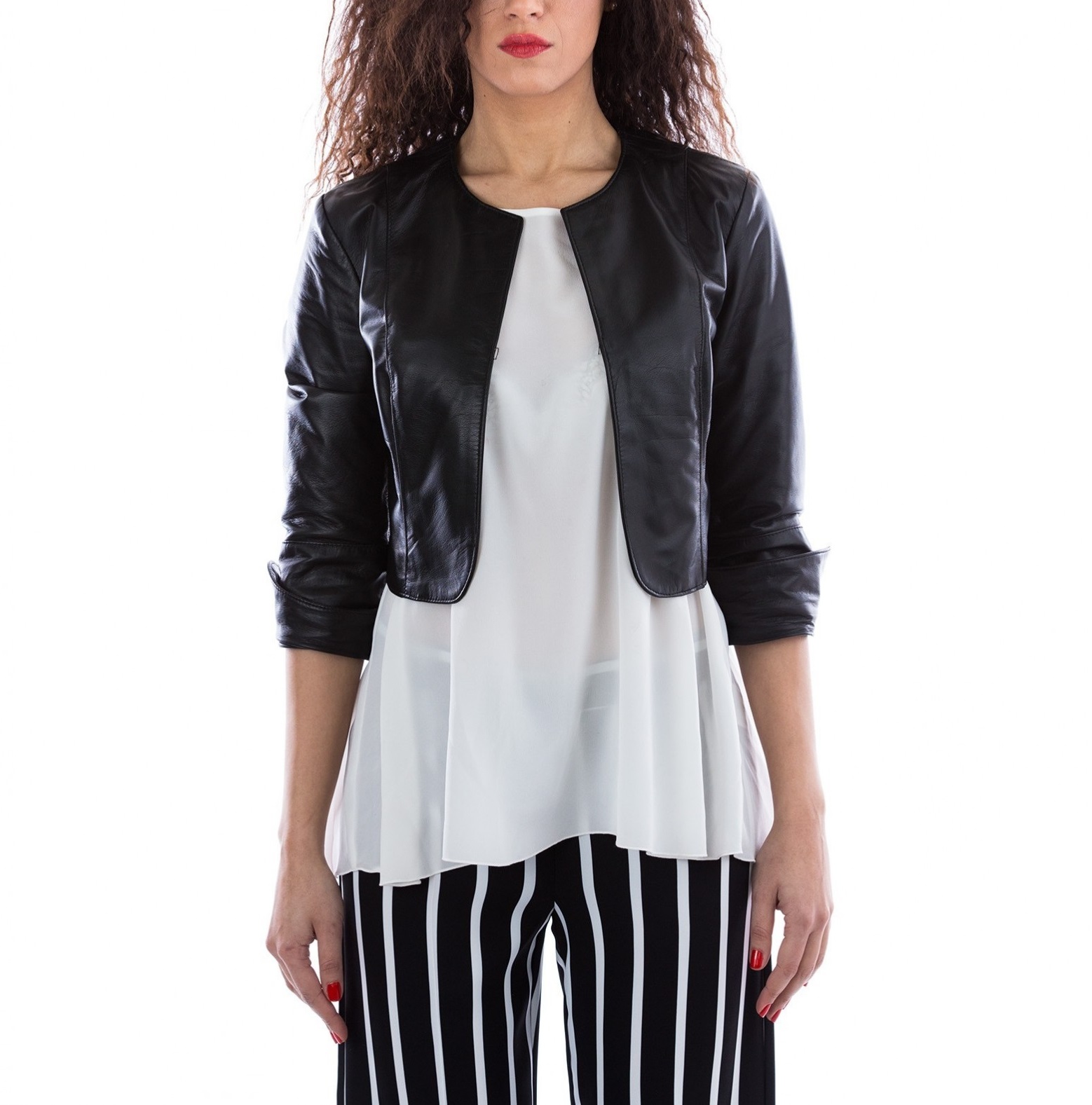 Black Color Leather Short Jacket Smooth Effect