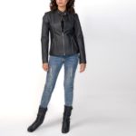 Front view of Matte Black Leather Biker Jacket on model