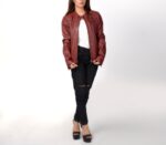 Front view of County Maroon Leather Biker Jacket