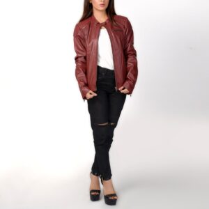 Front view of County Maroon Leather Biker Jacket