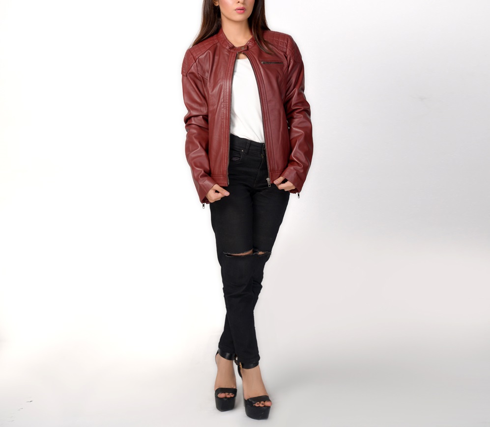 Front view of County Maroon Leather Biker Jacket Front view of County Maroon Leather Biker Jacket