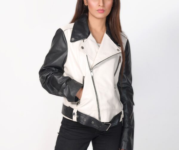 White Leather Biker Jacket - Image 3