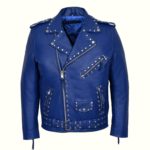Shoulder and collar detail with studs on blue jacket