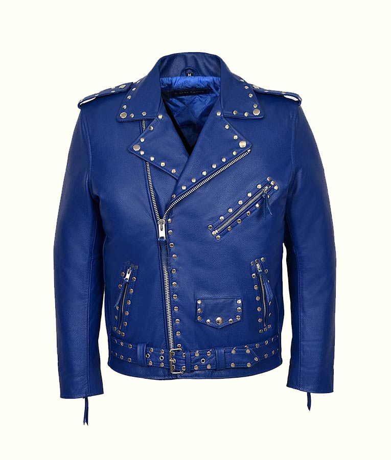 Shoulder and collar detail with studs on blue jacket Shoulder and collar detail with studs on blue jacket