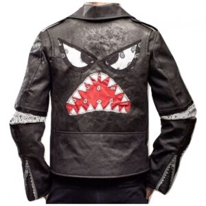 showcasing shark-inspired design on leather jacket