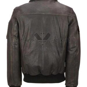Back View Of Men’s Brown Distressed Leather Jacket Featuring Right arm embroidery Logo With Rib knitted cuffs and waistband.