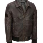 Front View of Men’s Brown Distressed Leather Jacket Featuring Zipper Style Closure and Pocket on Front and left arm.