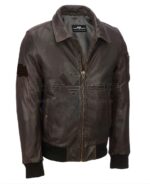 Front View of Men’s Brown Distressed Leather Jacket Featuring Zipper Style Closure and Pocket on Front and left arm.