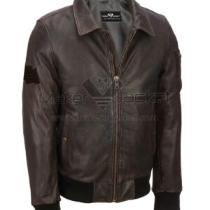 Front View of Men’s Brown Distressed Leather Jacket Featuring Zipper Style Closure and Pocket on Front and left arm.