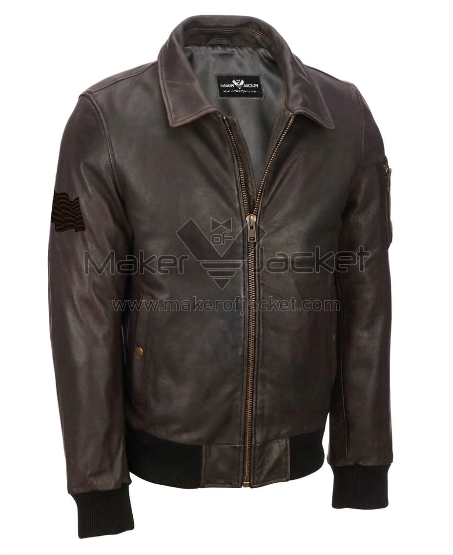 Men’s-Brown-Distressed-Leather-Jacket-Front-Image Front View of Men’s Brown Distressed Leather Jacket Featuring Zipper Style Closure and Pocket on Front and left arm.