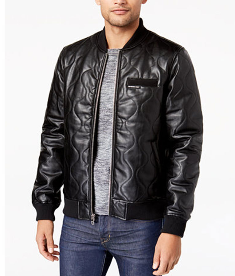 Mens-Faux-Leather-Jacket Men’s Quilted Faux Leather Bomber Jacket - Image 1