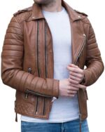 Brown leather slim fit motorcycle jacket with zipper details