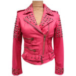 Front view of golden studded pink leather biker jacket for women