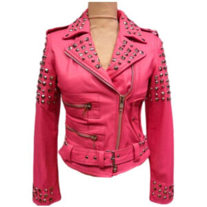 Front view of golden studded pink leather biker jacket for women