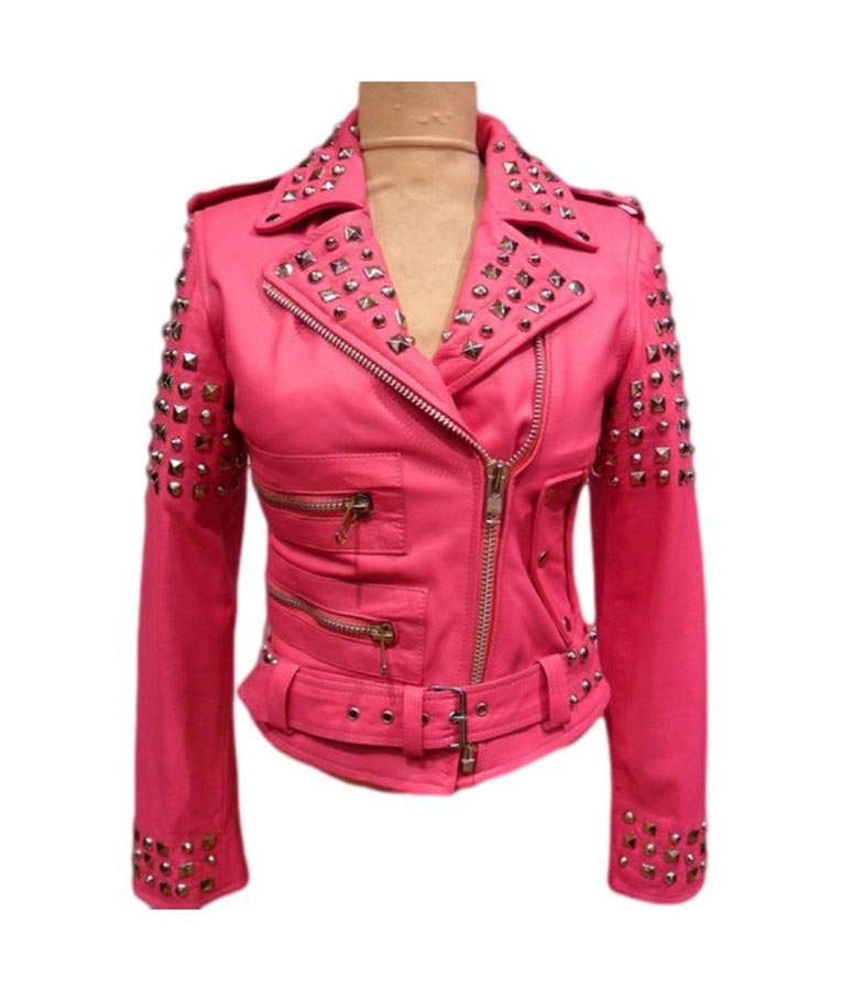 Front view of golden studded pink leather biker jacket for women Front view of golden studded pink leather biker jacket for women