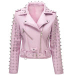 Soft Pink Studded Leather Biker Jacket