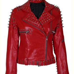 Front view of red spike studded leather biker jacket