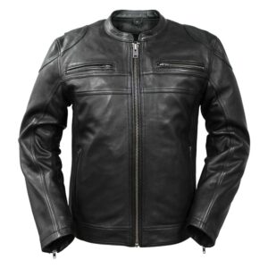 Front view of moto fitted women's black leather jacket