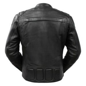 Back view of fitted women's black motorcycle jacket