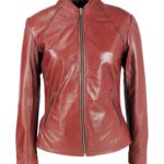 Front view of Cityscape maroon leather biker jacket for women