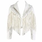 Front view of white fringed leather silver studded biker slim fit jacket