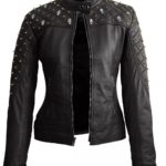 Front view of black leather silver spike studs biker slim fit quilted jacket