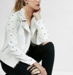 Women White Leather Silver Studded Style Zipper Jacket