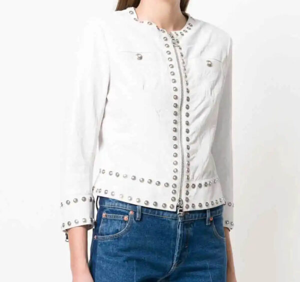 Handmade-Women's-Silver-Studded-White-Leather-Jacket