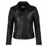 Men’s biker style black leather jacket with notch lapel collar, asymmetrical zipper closure, and three front zipper pockets.